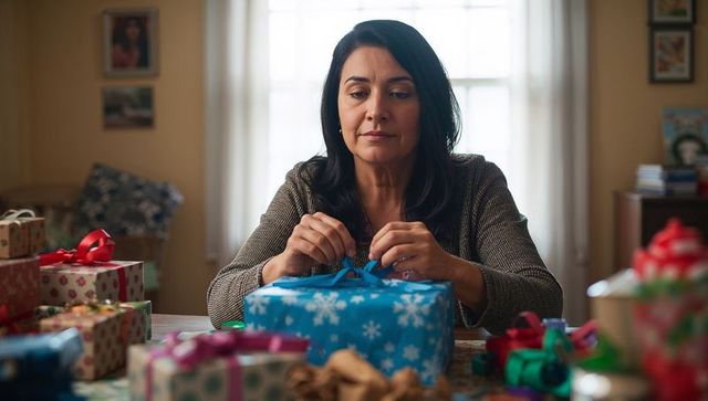 Middle-aged woman wrapping Christmas gifts tying blue snowflake ribbon in cozy sunlit home