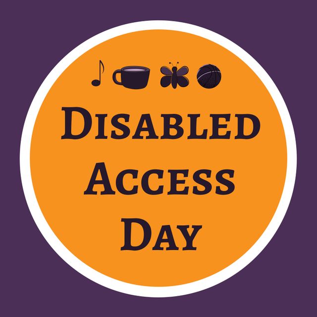 Disabled access day text and various leisure activity symbols in orange ...