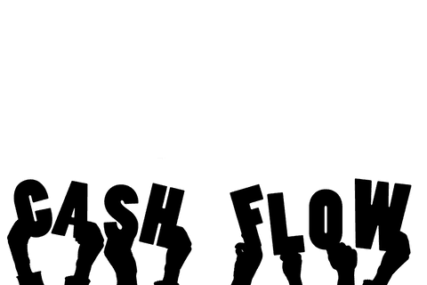 Hands displaying cash flow text on transparent background