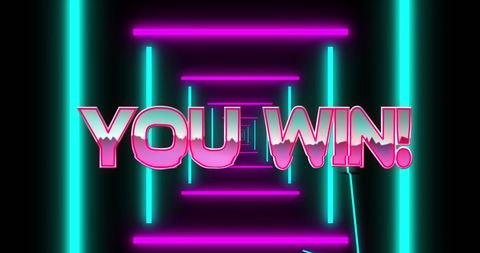 Retro future 'you win' text over digital tunnel