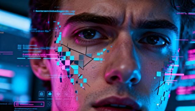 Biometric facial scanning with holographic ui overlays on adult male, neon cybernetic interface