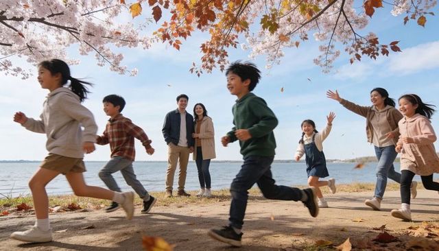 Children running along lakeside path under blossom trees with joyful parents watching