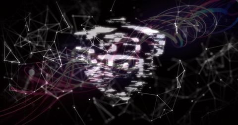Pulsing glitch cluster sending data across neon network with wireframe mesh and holographic ribbons