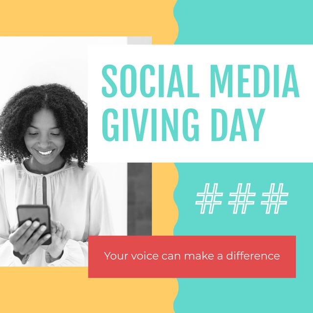 African American Woman Promoting Social Media Giving Day on Smartphone - Download Free Stock Templates Pikwizard.com