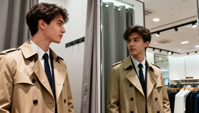 Young man trying on beige trench coat in store mirror, preparing professional wardrobe