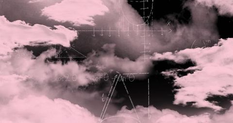 Pink-tinted sky with math equations and geometric lines