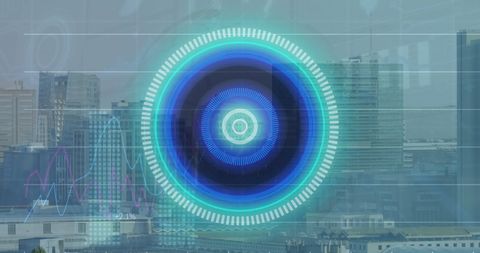 Cityscape with digital data interfaces and financial graphs overlaid