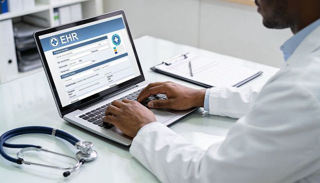Doctor entering ehr patient records on laptop at clinic desk with stethoscope