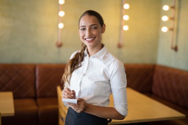 Waitress in uniform smiling while taking an order on a notepad in a cozy bar setting. Ideal for use in hospitality industry promotions, restaurant advertisements, customer service training materials, and dining experience blogs.