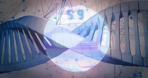 Futuristic 3D DNA Helix Intersecting Translucent Orb with Neural Mesh Data Overlay Hologram
