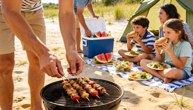 Family grilling kebabs on sandy beach picnic near tent during summer camping getaway