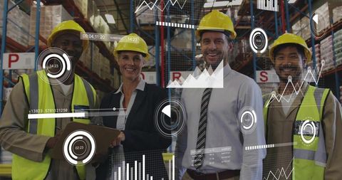 Warehouse team reviewing logistics analytics with augmented reality dashboards
