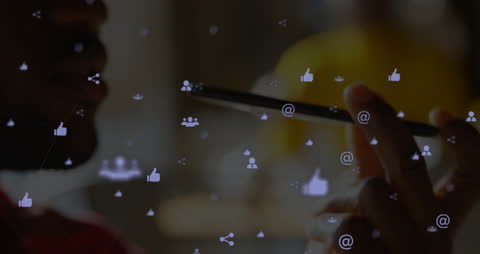 Person Interacting with Smartphone Amidst Digital Network Icons