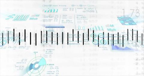 Dynamic waveform data ribbon over translucent analytics dashboard with teal radar elements