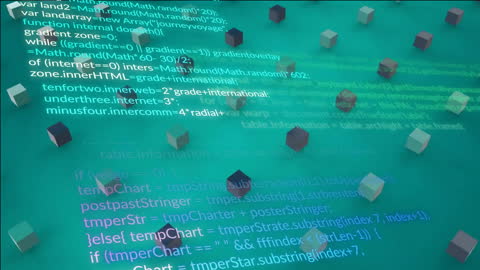 Colorful Cubes with Data Code on Green Background