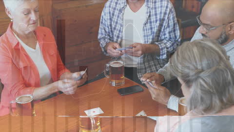 Senior Friends Enjoying Card Game with Digital Interface Overlay