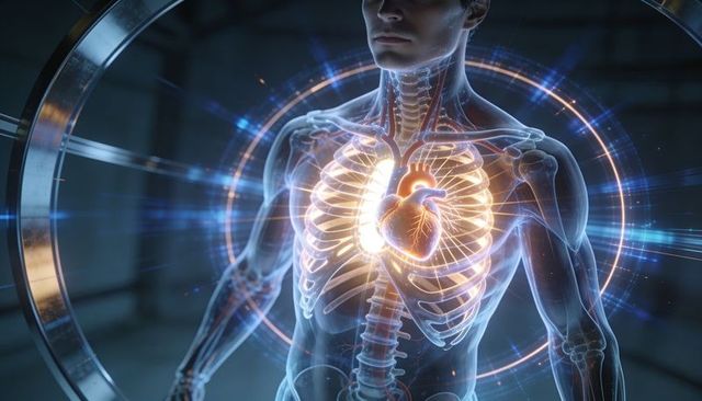 Holographic medical torso visualization with glowing heart and vascular network