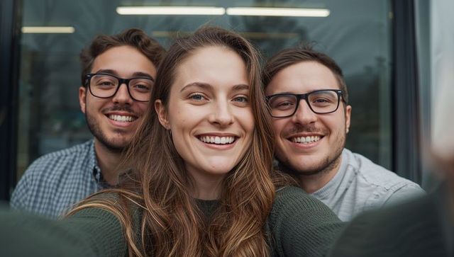 Friends taking selfie at building entrance modern city