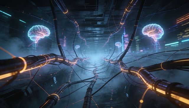 Neon data tunnel with floating holographic brains and network cables