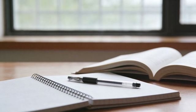 Spiral Notebook and Clear Pen Resting on Wooden Desk with Open Book and Sunlit Window
