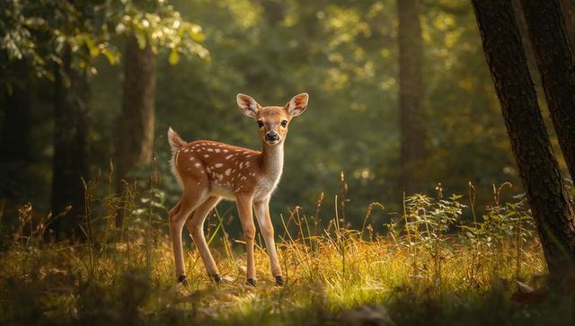 Standing spotted fawn pausing in sunlit forest clearing with dappled rays and soft bokeh