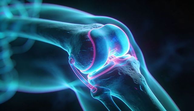 Neon 3D Knee Joint Illustration Glowing Synovial Detail with Femur, Tibia, Meniscus