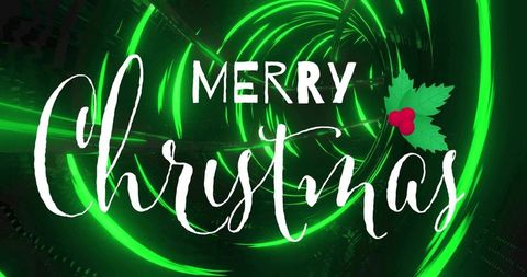 Neon green merry christmas handlettered script neon glow with futuristic vortex and holly