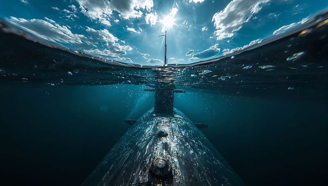 Submarine slicing near-surface ocean with periscope rising through sunlit waterline