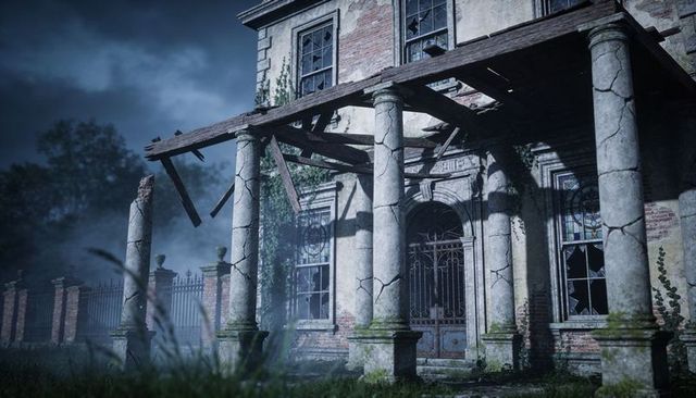 Derelict neoclassical mansion at dusk with cracked stone columns and ornate iron doors