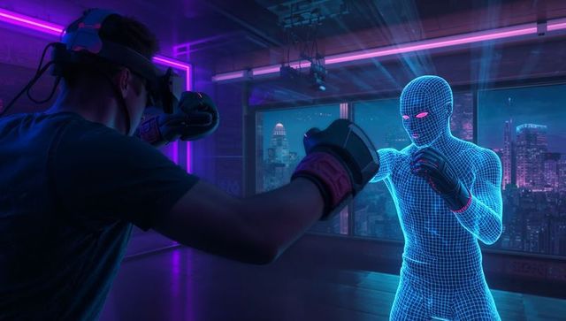 Man engaging in virtual reality boxing in futuristic studio