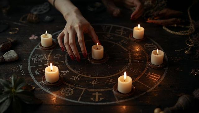 Occult ritual circle with candles and mystical symbols