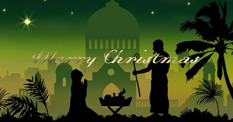 Nativity scene with merry christmas over green background