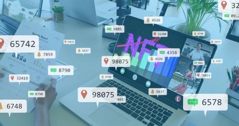 Nft analytics chart driving remote team collaboration laptop with notifications and video