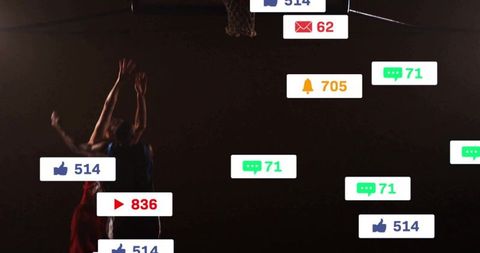 Silhouetted basketball rivals jumping at hoop with floating social media overlay