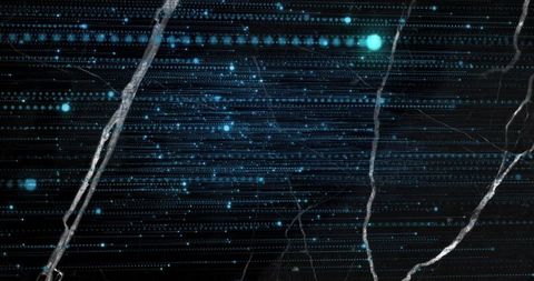 Streaming cyan dot-dash matrix across dark marble with white veins neon digital texture