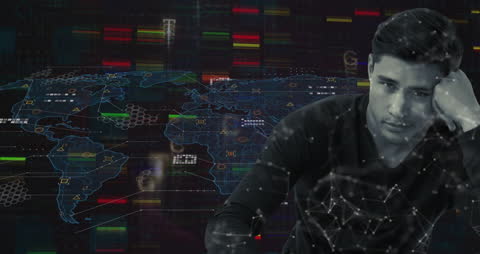 Stressed Man in Front of Digital World Map Display