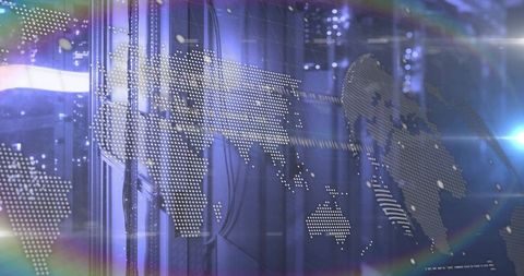 Dot-patterned world map overlay on data center server racks