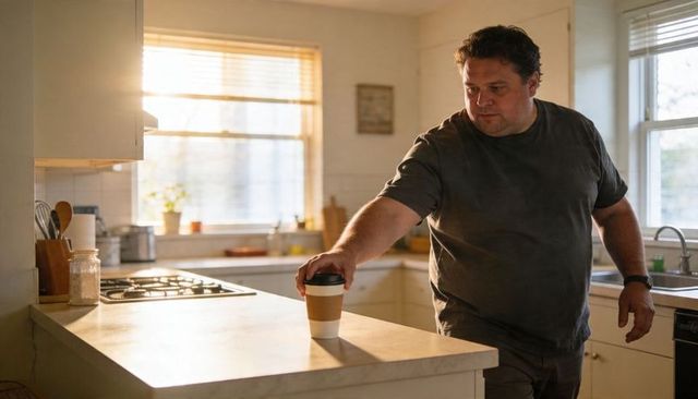 Man reaching for to-go coffee cup on sunlit kitchen island during afternoon