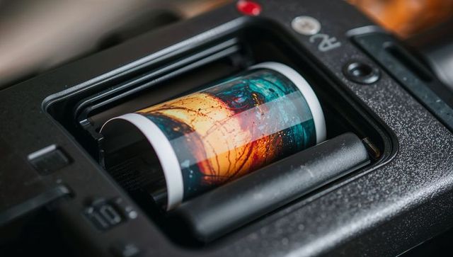 35mm film roll advancing inside camera chamber showing color frame and emulsion