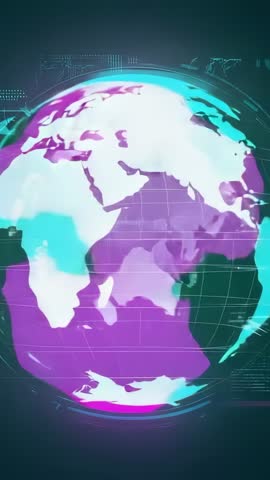 Rotating Neon 3D Earth Visualizing Global Data with Futuristic Glitch Grid Vertical Video