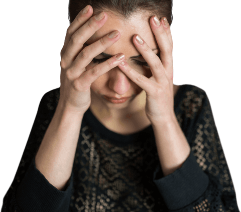 Stressed Woman with Head in Hands on Transparent Background