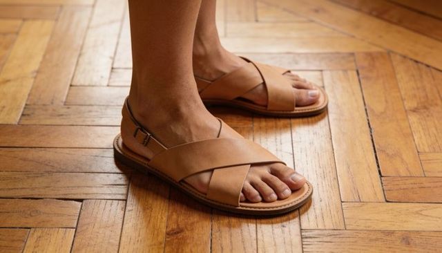 Tan leather cross-strap sandals on warm parquet floor, buckle and stitching detail