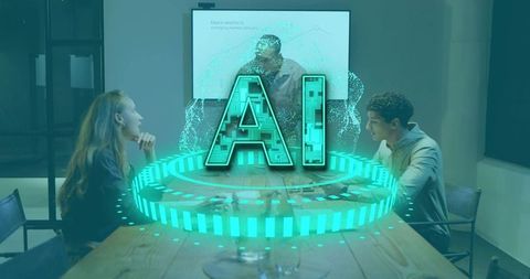 Business Team Discussing Holographic AI Display in Conference Room Collaboration Planning