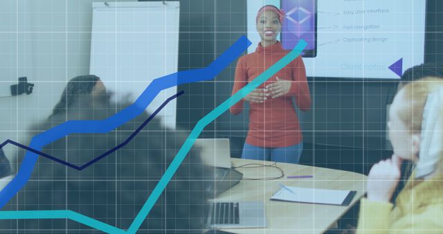 Group of professionals in modern office environment discussing a business strategy. The image of a blue graph overlay suggests data analysis and financial growth presentation. Suitable for business, finance, corporate training, presentations, and teamwork orientation.