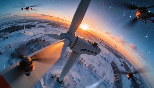Aerial drones inspecting wind turbine nacelle and spinning rotor over snowy sunset landscape