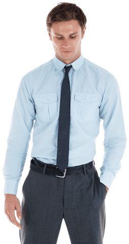 Confident Businessman with Hand in Pocket, Wearing Blue Shirt