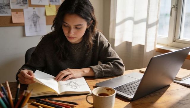 Young woman sketching in sunlit home studio with laptop, pencils and sketchbook