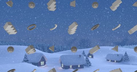 Abstract white shapes over snowy winter village