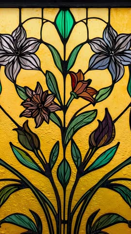 Panning Over Backlit Floral Stained Glass Panel Showing Symmetrical Leadwork and Mosaic Details