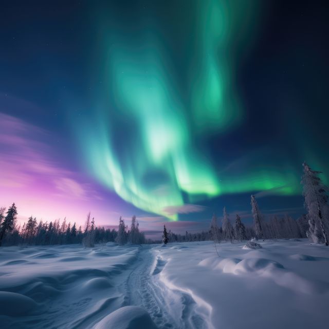 Spectacular northern lights illuminating snowy landscape in wintery Finnish Lapland. Stunning nature scene ideal for travel blogs, winter tourism promotions, nature documentaries, and postcards highlighting arctic beauty and natural light phenomena.